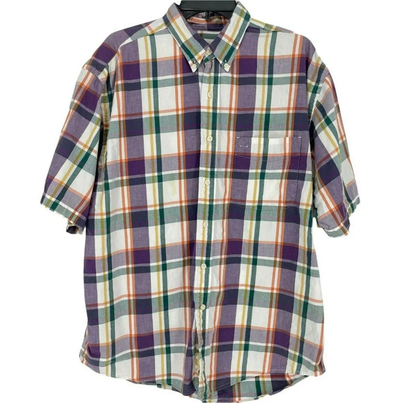 Eddie Bauer Button Up Shirt Men's Sz L Short Sleeve Collared Plaid White Purple - Picture 1 of 8